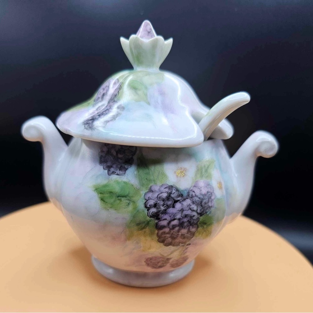 Vintage blackberry jam preserve porcelain lidded Containter spoon, purple